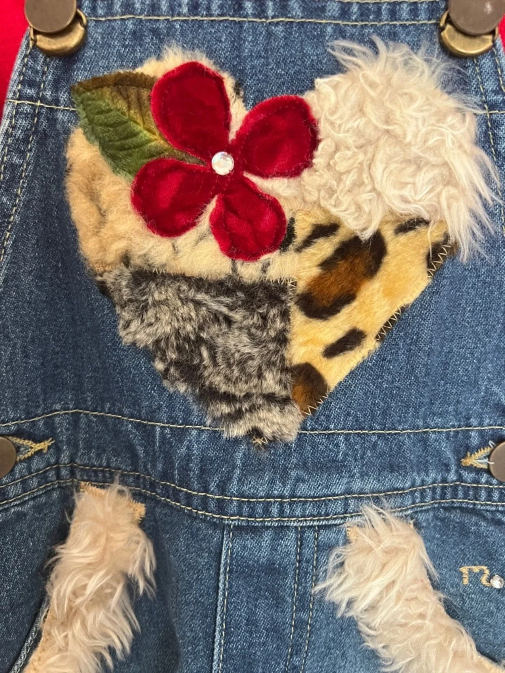 Vintage Kids  Denim Overalls with Red Floral Appliqués Old Store Stock​